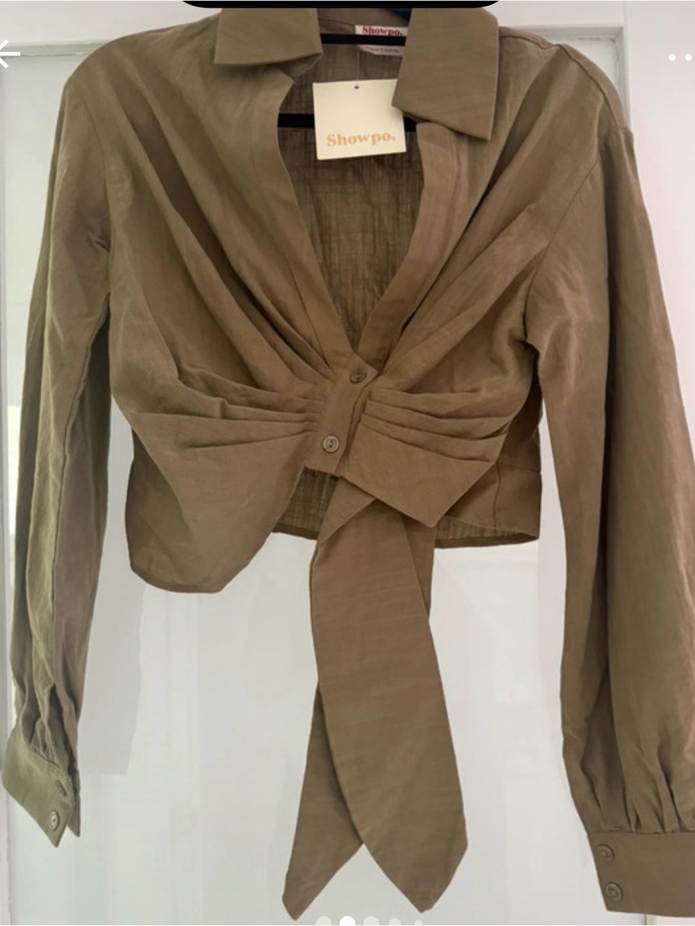 Showpo Khaki Ruched Tie-Front Cropped Blouse